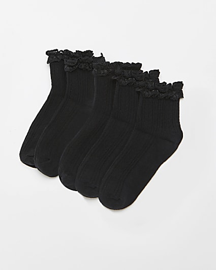 Girls black lace frill socks 5 pack