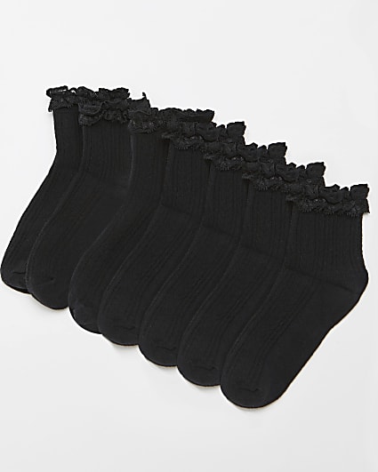 Girls black lace frill socks 7 pack