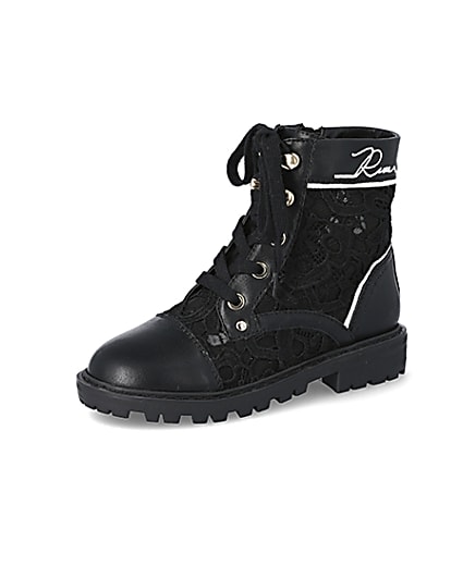 360 degree animation of product Girls black lace hiker boots frame-1