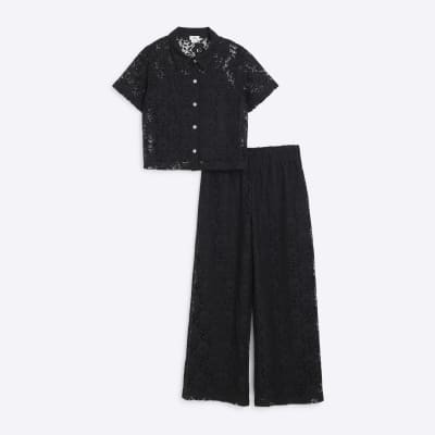 River Island Girls Black Lace Shirt And Trousers Set