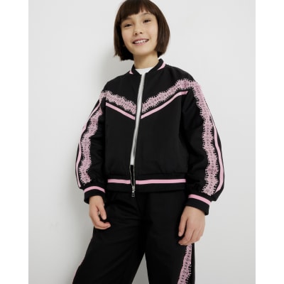 Girls Black Lace Trim Premium Bomber Jacket