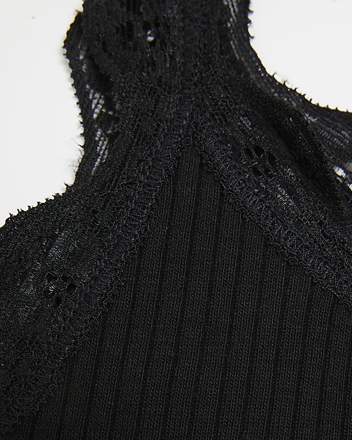 Girls Black Lace Trim Ribbed Vest