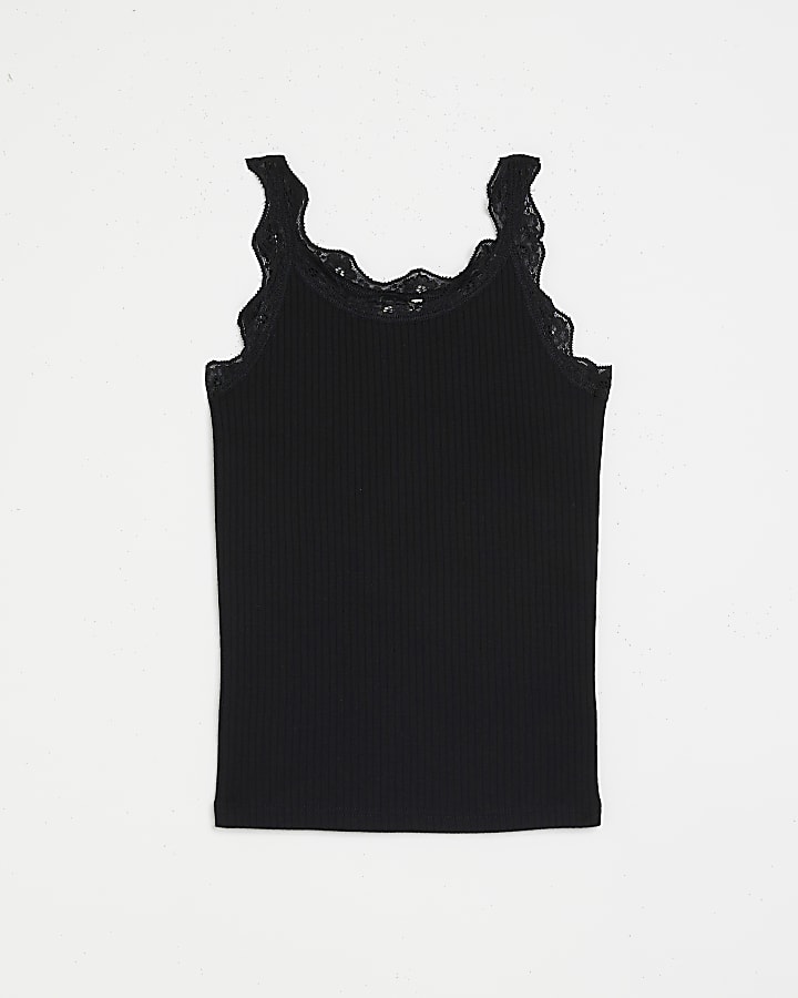 Girls Black Lace Trim Ribbed Vest