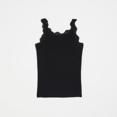 Girls Black Lace Trim Ribbed Vest