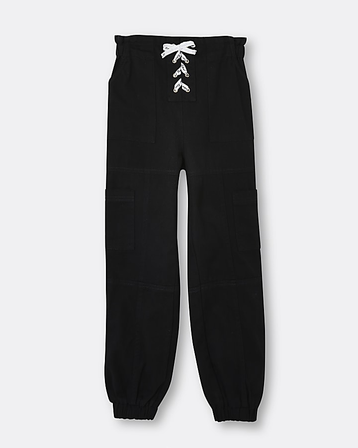 Girls black lace up cargo trousers