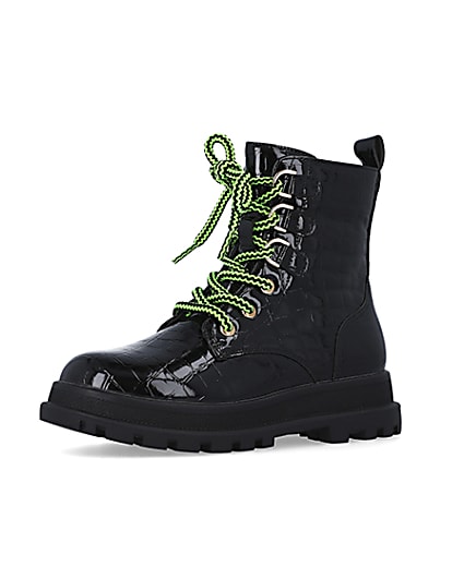 360 degree animation of product Girls Black Lace up croc patent Boots frame-1
