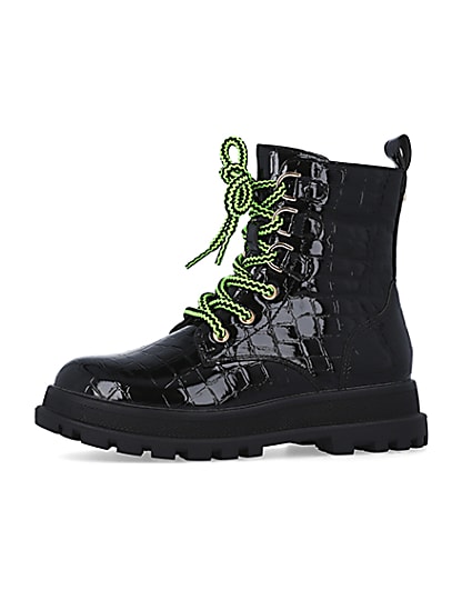 360 degree animation of product Girls Black Lace up croc patent Boots frame-2