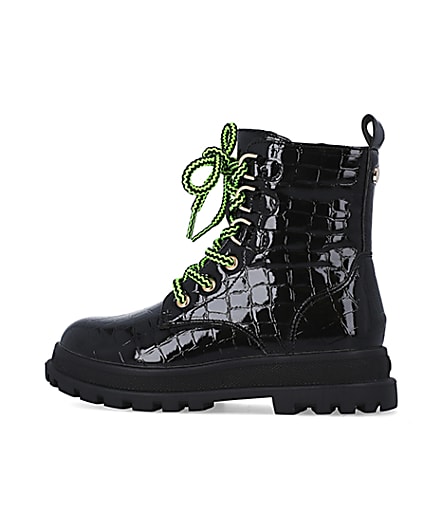 360 degree animation of product Girls Black Lace up croc patent Boots frame-4