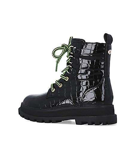 360 degree animation of product Girls Black Lace up croc patent Boots frame-5