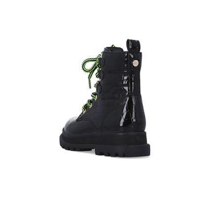 360 degree animation of product Girls Black Lace up croc patent Boots frame-7