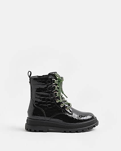 Girls Black Lace up croc patent Boots