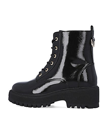 360 degree animation of product Girls black lace up patent chunky boots frame-4