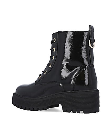 360 degree animation of product Girls black lace up patent chunky boots frame-5