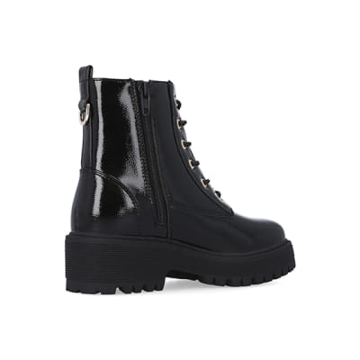 360 degree animation of product Girls black lace up patent chunky boots frame-13