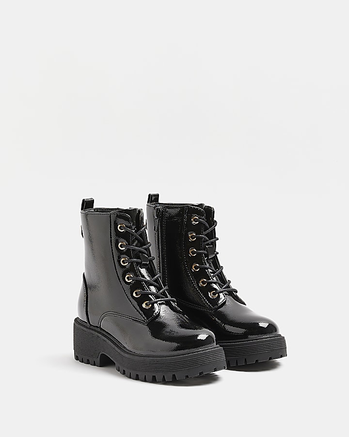 Girls black lace up patent chunky boots