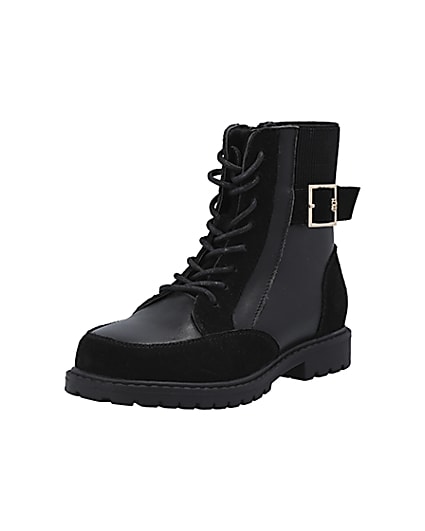 360 degree animation of product Girls black Leather lace up boots frame-0