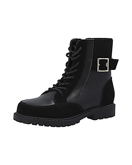 360 degree animation of product Girls black Leather lace up boots frame-1
