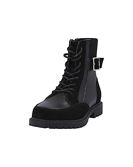 360 degree animation of product Girls black Leather lace up boots frame-23
