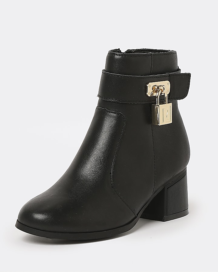 Girls black leather padlock heel boots