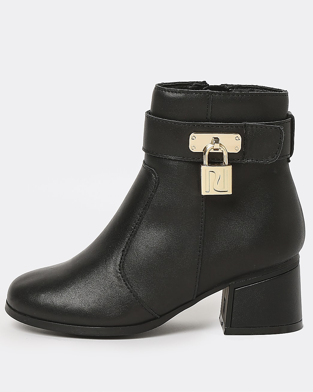 Girls black leather padlock heel boots