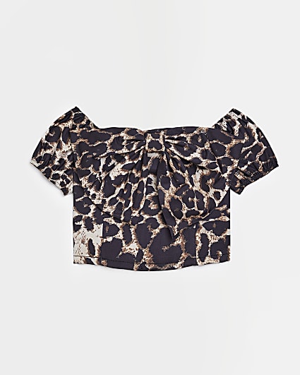 Girls Black Leopard Bow Bardot Crop top
