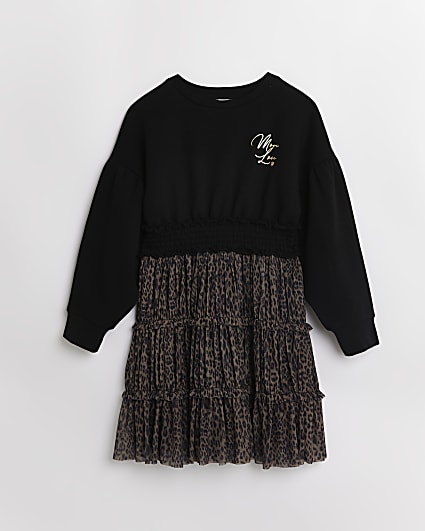 Girls black leopard mesh 2 in 1 sweater dress