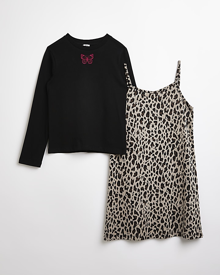 Girls black leopard pinafore dress outfit