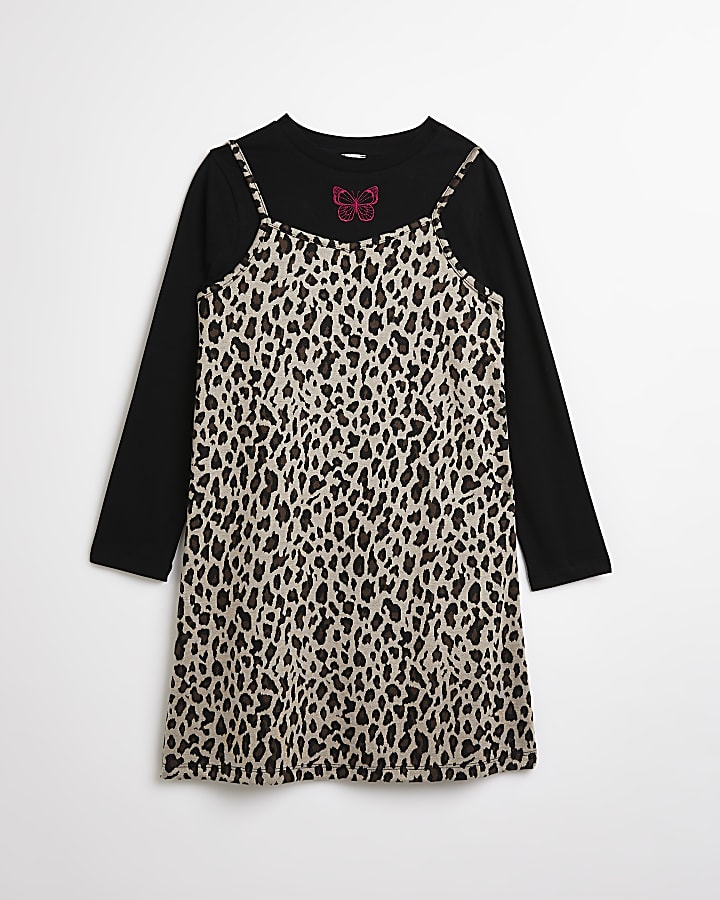 Girls black leopard pinafore dress outfit
