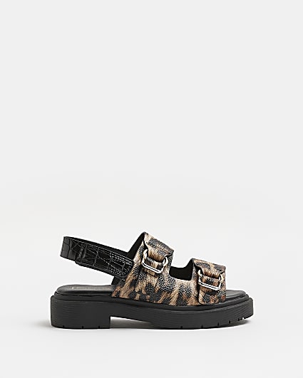 Girls black leopard print chunky sandals