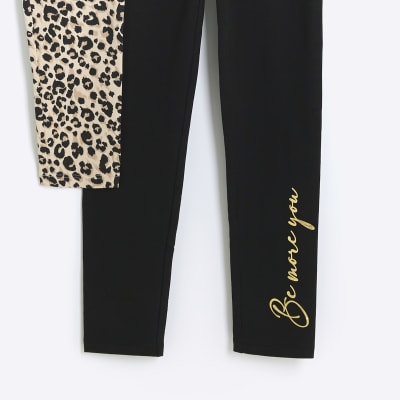 Girls black leopard print leggings 2 pack River Island