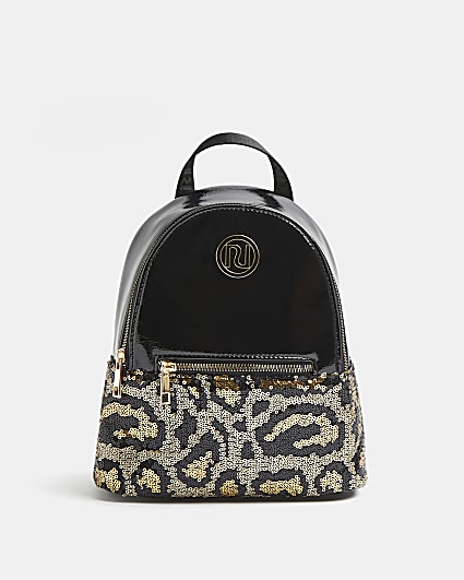 Girls black leopard print sequin backpack