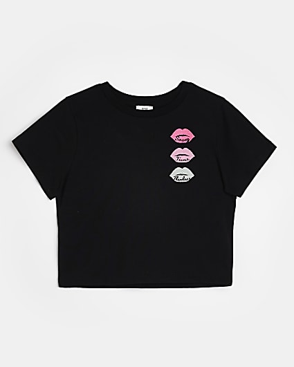 Girls black lips embroidery cropped t-shirt