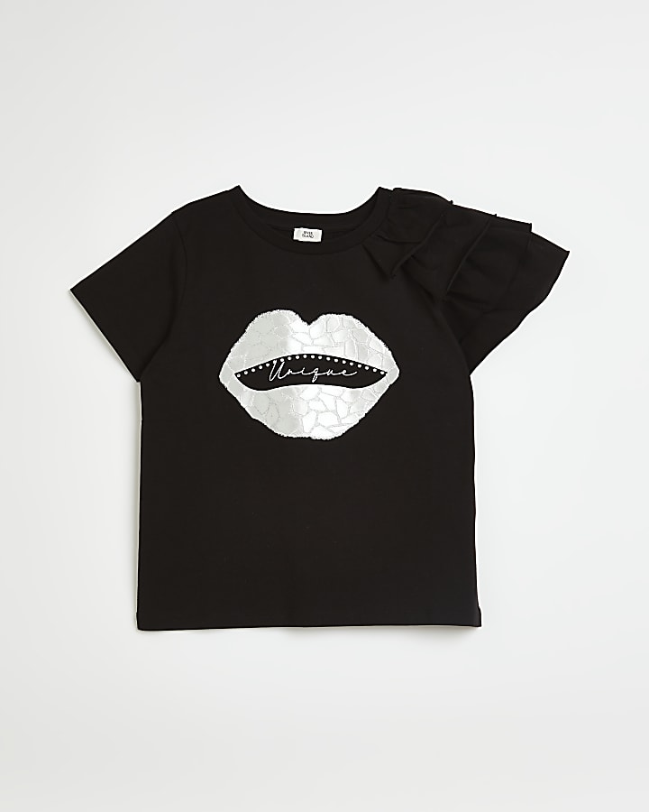 Girls black lips print ruffle t-shirt