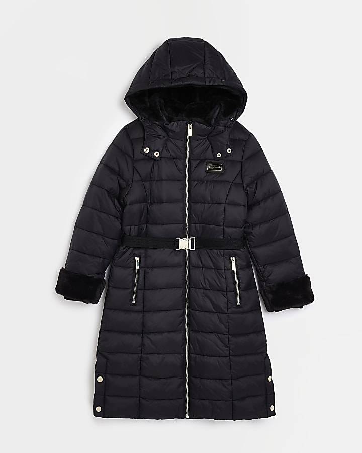 Girls Black Longline Hooded Puffer Coat