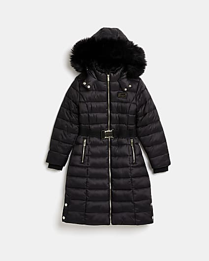 Girls black longline puffer coat