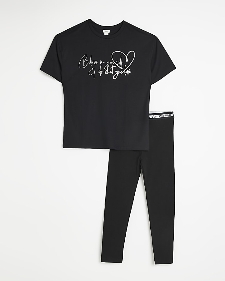 Girls Black Longline T-shirt and Leggings Set