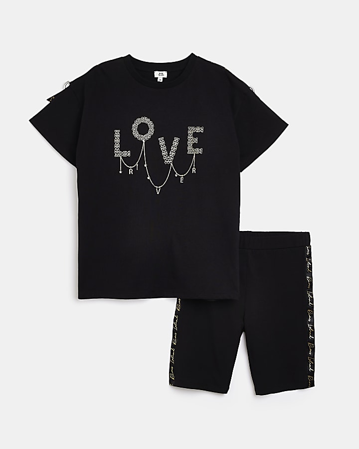 Girls black 'Love' t-shirt and shorts outfit