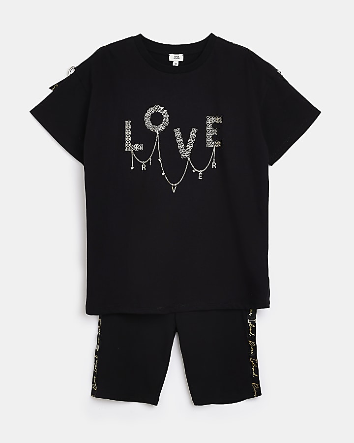 Girls black 'Love' t-shirt and shorts outfit