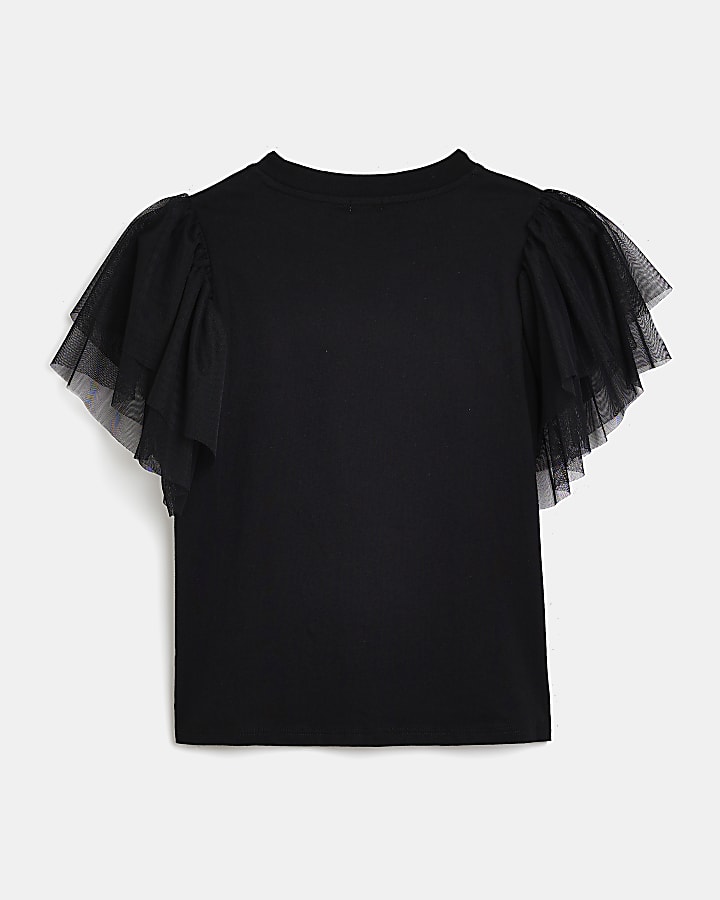Girls Black Mesh Frill Sleeve T-shirt