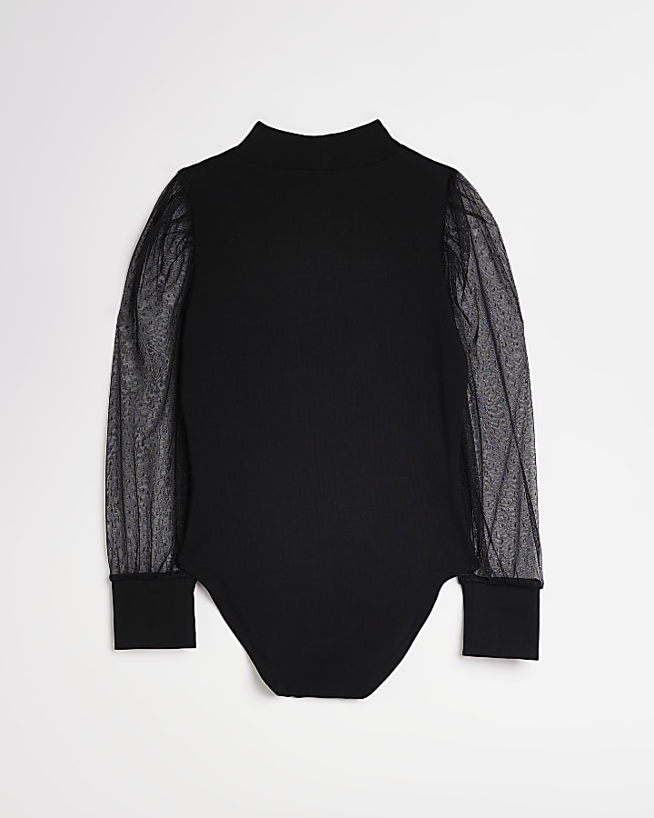 Girls black mesh sleeve printed bodysuit