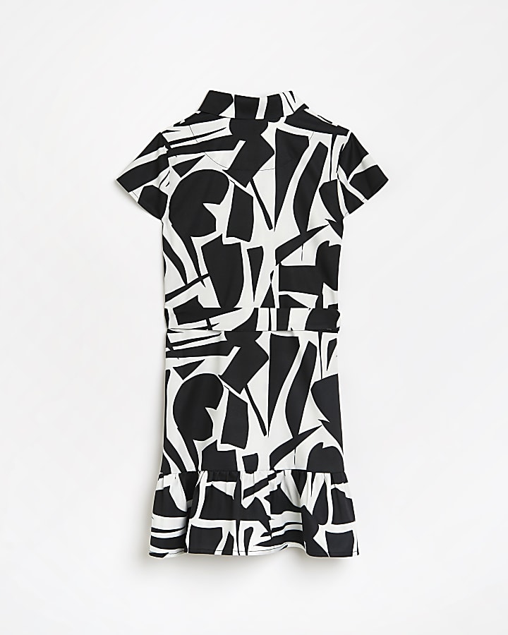 Girls black monochrome abstract shirt dress