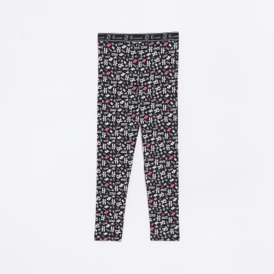 Girls Black Monogram Graphic Leggings