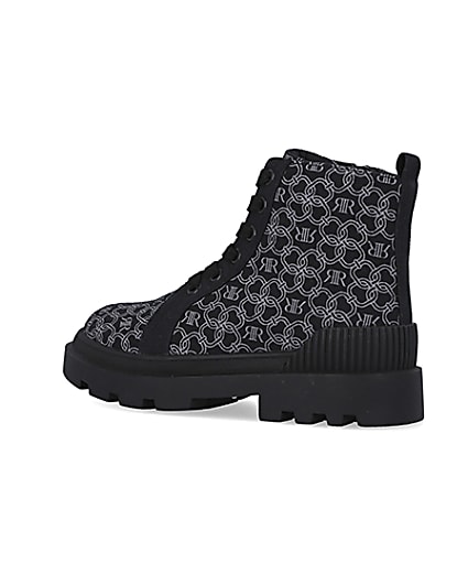360 degree animation of product Girls black monogram print canvas boots frame-5