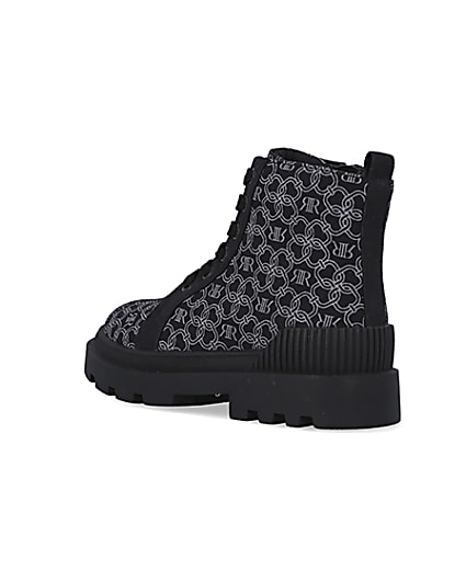 360 degree animation of product Girls black monogram print canvas boots frame-6