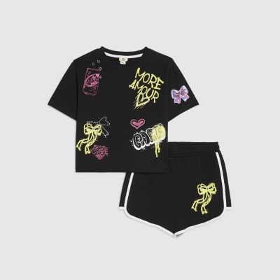 Girls Black Neon Graffiti T-Shirt & Short Set