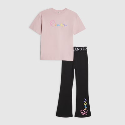Girls Black Neon Script T-Shirt & Legging Set