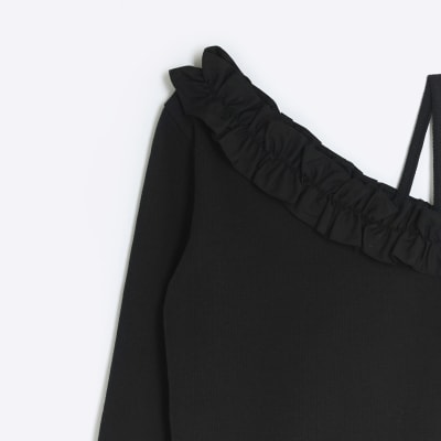 Girls black one shoulder frill top | River Island