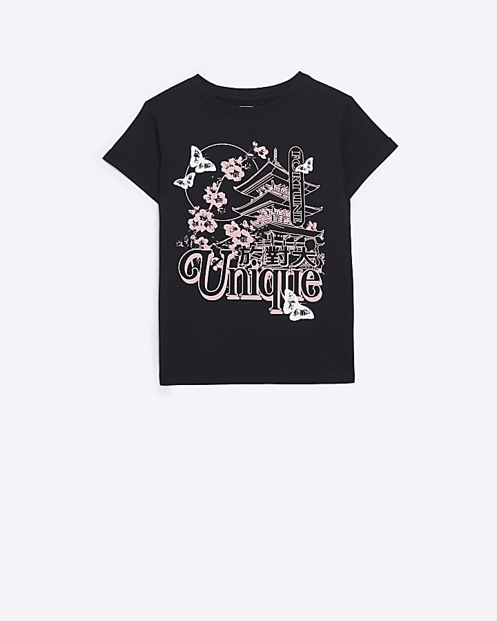 Girls black oriental graphic t-shirt