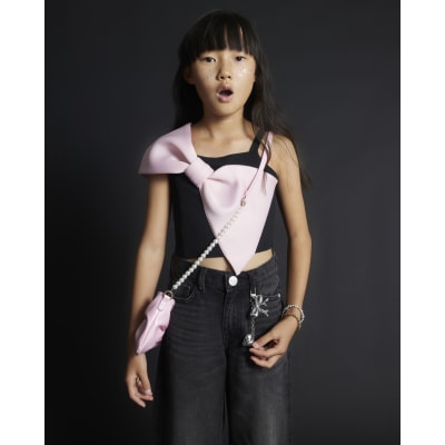 Girls Black Oversized Bow Top