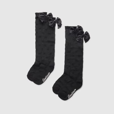 Girls Black Pack Of 2 Knee High Socks